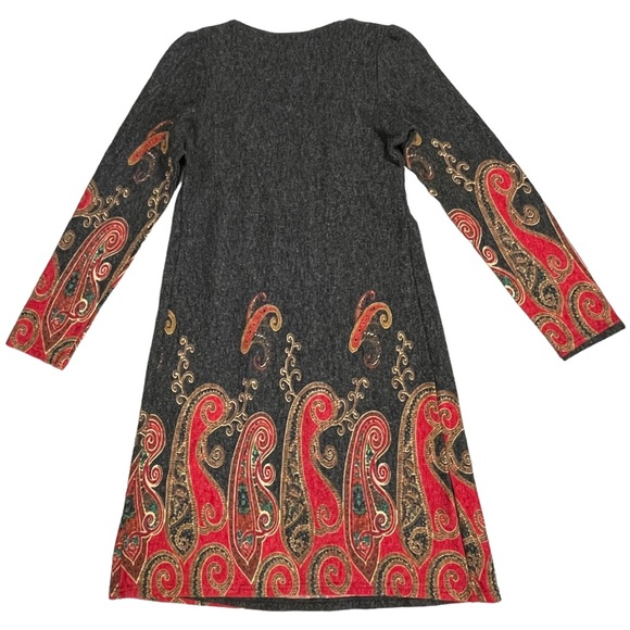 Angie size small red gold dark gray swirls/flames dress long sleeves vneck EUC - Picture 5 of 10